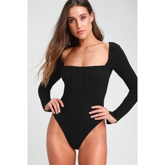 Free People Black Beside Me Square Neck Long Sleeve Ribbed Snap Bottom Bodysuit - Picture 3 of 6